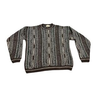 La‎ Vane New York Mens Sweater Large Crew Neck Knit Striped Brown Green Acrylic